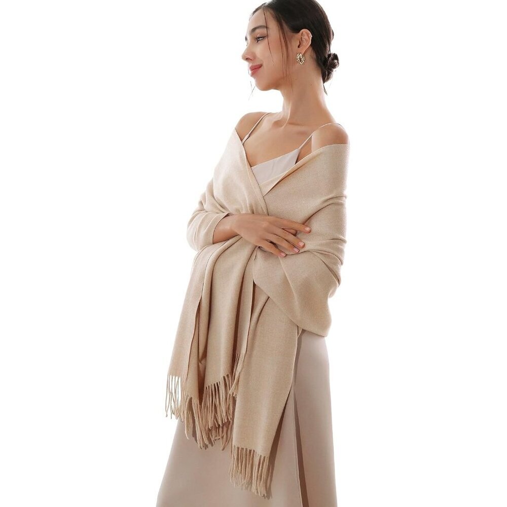 Women's Beige Pashmina Shawls Wraps For Evening Dresses Large Warm Soft Scarves - Picture 6 of 7